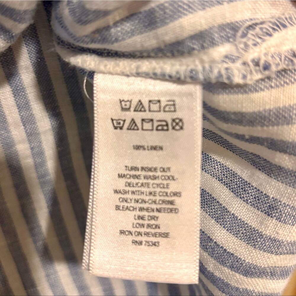 Christian Siriano 100% Linen Blue Short Sleeve Patch Pocket Striped Blouse Sz XL - Picture 7 of 9